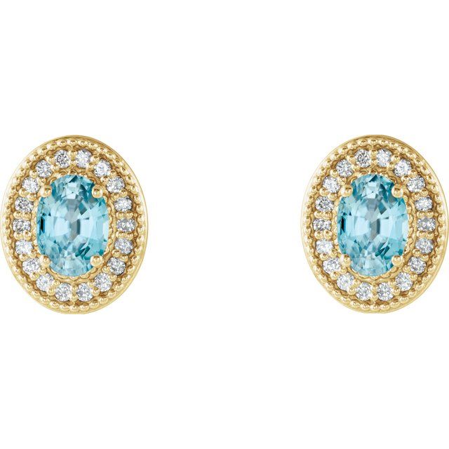Oval 6x4mm Natural Blue Zircon & 1/5 CTW Natural Diamond Halo-Style Earrings