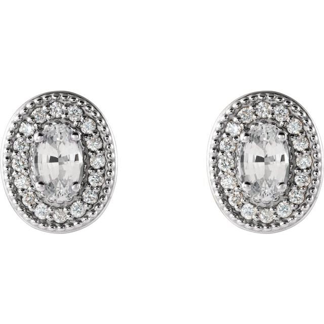 Oval 5x3mm Natural White Sapphire & 1/8 CTW Natural Diamond Halo-Style Earrings