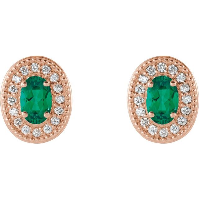 Oval 5x3mm Natural Emerald & 1/8 CTW Natural Diamond Halo-Style Earrings