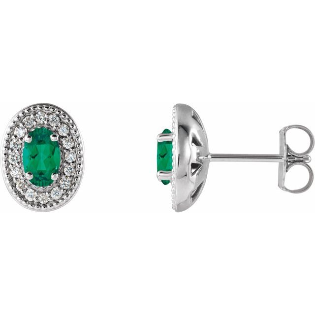 Oval 5x3mm Natural Emerald & 1/8 CTW Natural Diamond Halo-Style Earrings