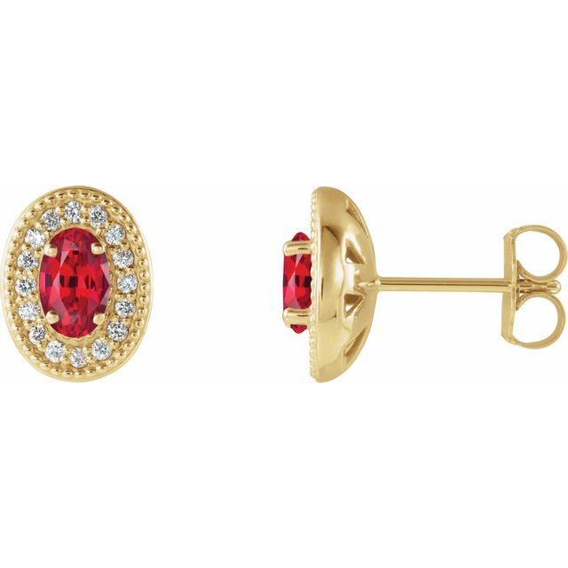 Oval 5x3mm Natural Ruby & 1/8 CTW Natural Diamond Halo-Style Earrings
