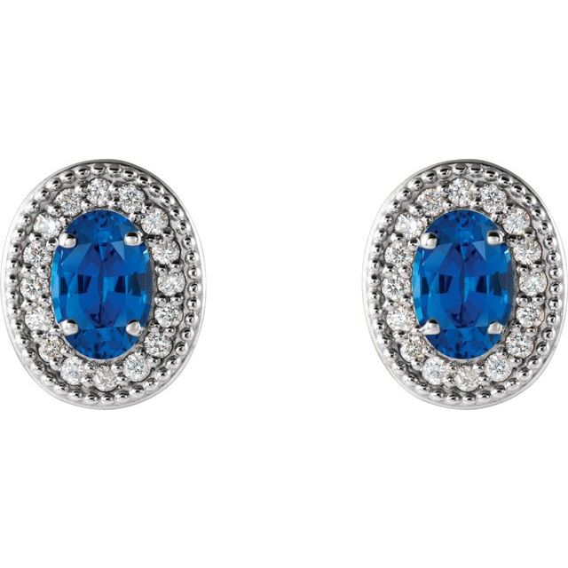Oval 5x3mm Lab-Grown Blue Sapphire & 1/8 CTW Natural Diamond Halo-Style Earrings