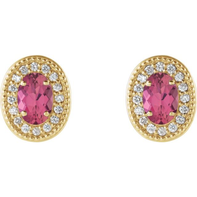 Oval 5x3mm Natural Pink Tourmaline & 1/8 CTW Natural Diamond Halo-Style Earrings
