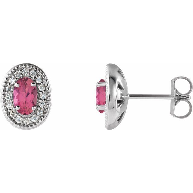 Oval 5x3mm Natural Pink Tourmaline & 1/8 CTW Natural Diamond Halo-Style Earrings
