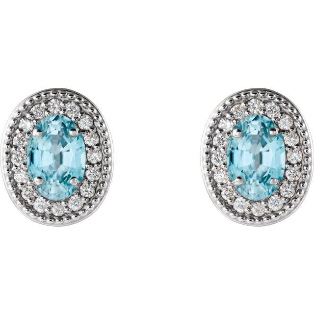 Oval 5x3mm Natural Blue Zircon & 1/8 CTW Natural Diamond Halo-Style Earrings