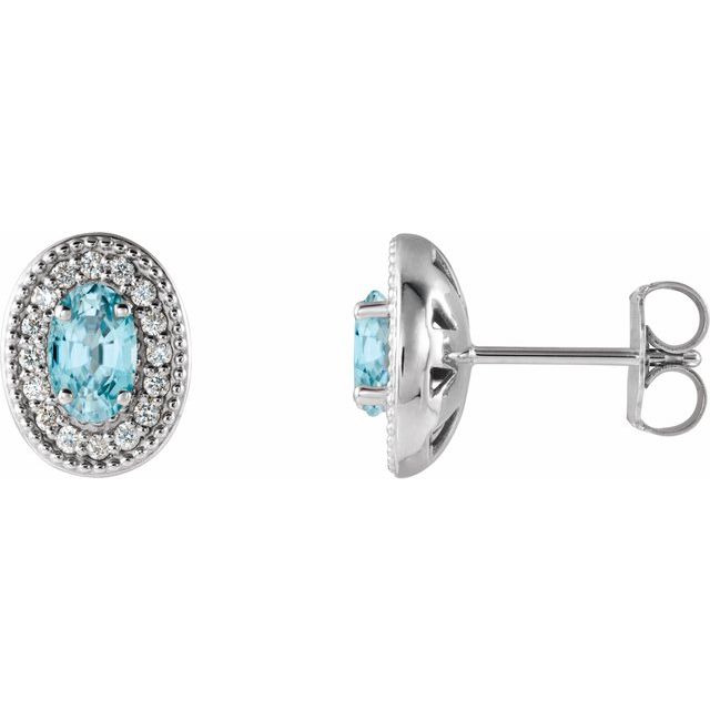 Oval 5x3mm Natural Blue Zircon & 1/8 CTW Natural Diamond Halo-Style Earrings