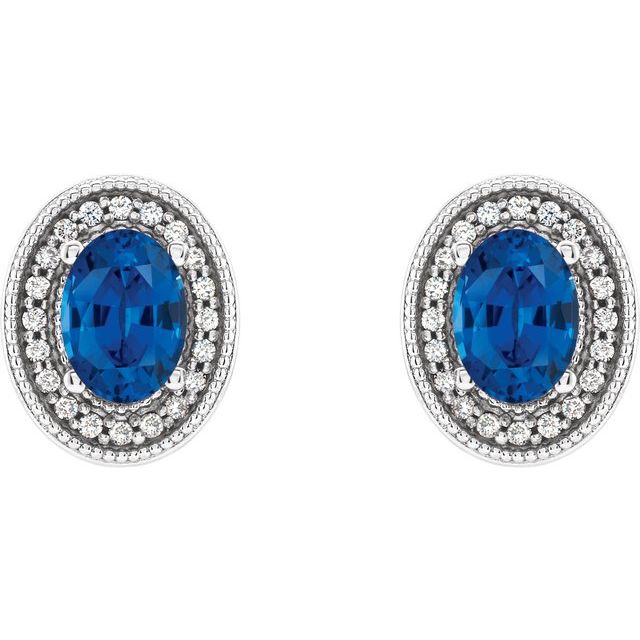 Oval 7x5mm Lab-Grown Blue Sapphire & 1/5 CTW Natural Diamond Halo-Style Earrings