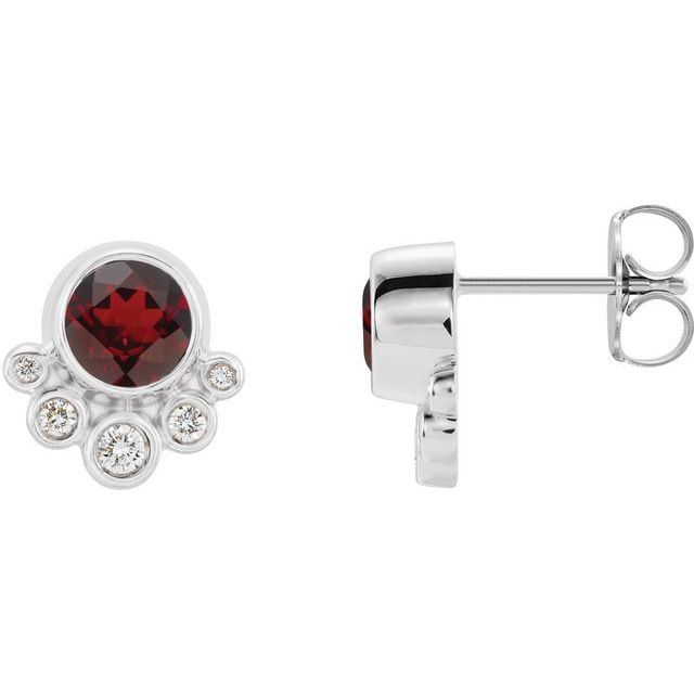 Round Natural Mozambique Garnet & 1/8 CTW Natural Diamond Earrings