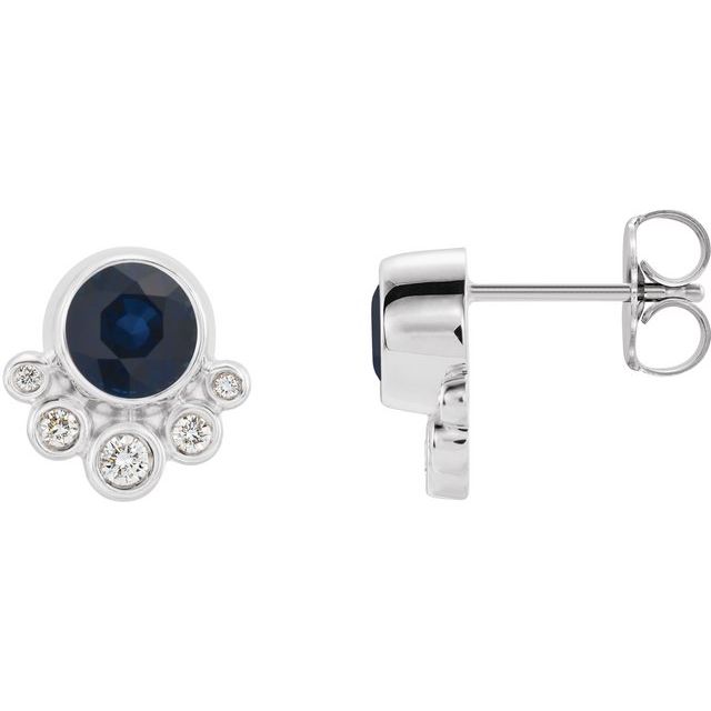 Round Natural Blue Sapphire & 1/8 CTW Natural Diamond Earrings