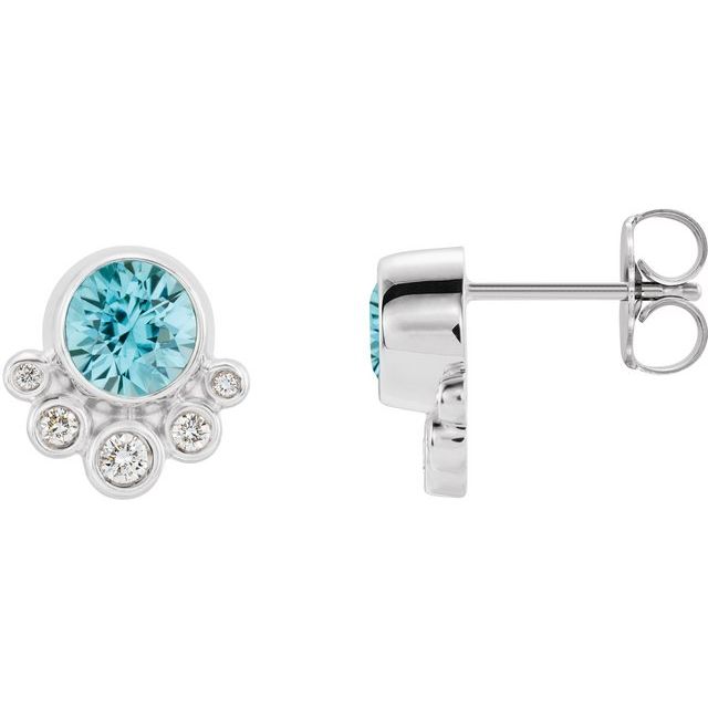 Round Natural Blue Zircon & 1/8 CTW Natural Diamond Earrings