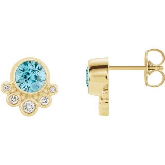 Round Natural Blue Zircon & 1/8 CTW Natural Diamond Earrings