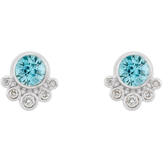 Round Natural Blue Zircon & 1/8 CTW Natural Diamond Earrings