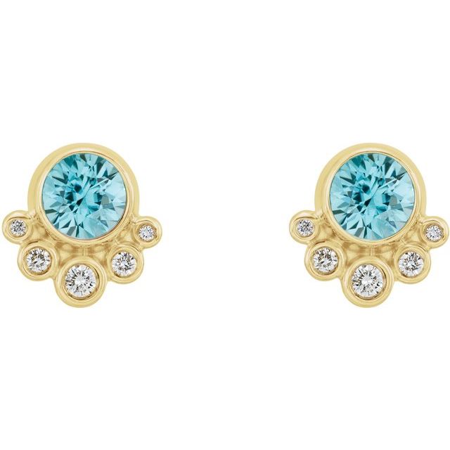 Round Natural Blue Zircon & 1/8 CTW Natural Diamond Earrings