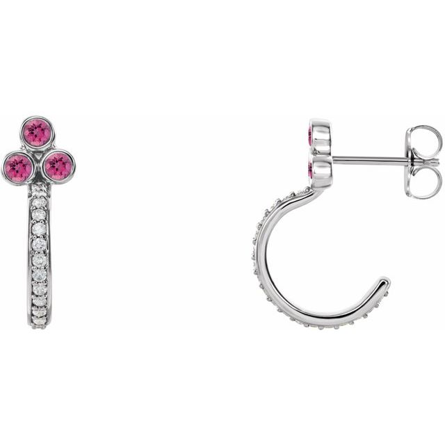 Round Natural Pink Tourmaline & 1/4 CTW Natural Diamond J-Hoop Earrings