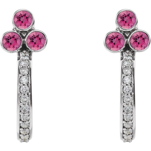 Round Natural Pink Tourmaline & 1/4 CTW Natural Diamond J-Hoop Earrings