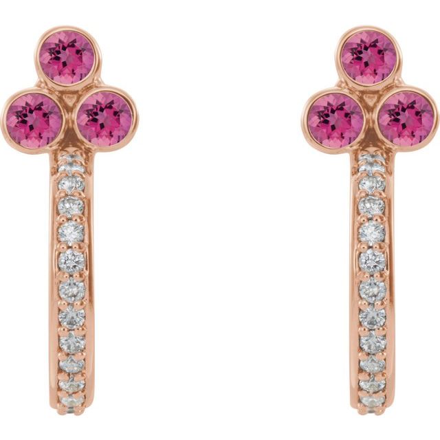 Round Natural Pink Tourmaline & 1/4 CTW Natural Diamond J-Hoop Earrings