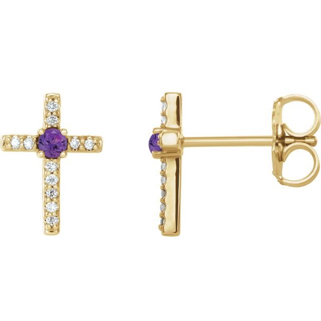 Round Natural Amethyst & .05 CTW Natural Diamond Cross Earrings