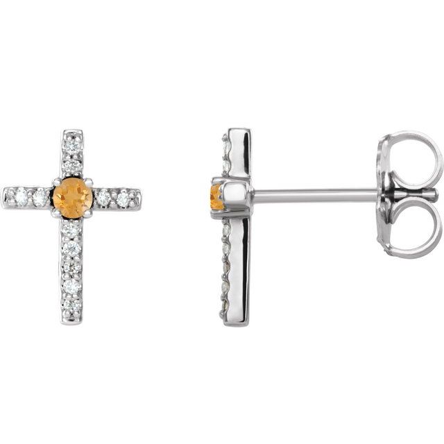 Round Natural Citrine & .05 CTW Natural Diamond Cross Earrings