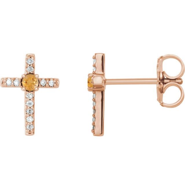 Round Natural Citrine & .05 CTW Natural Diamond Cross Earrings