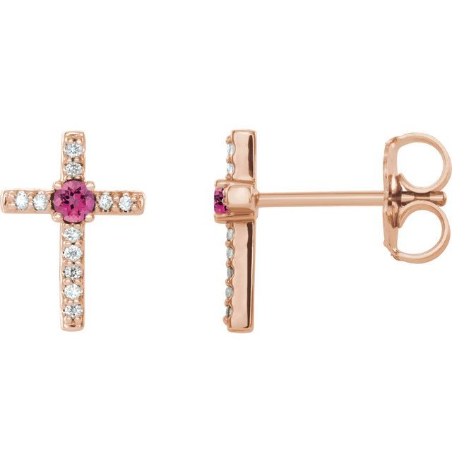 Round Natural Pink Tourmaline & .05 CTW Natural Diamond Cross Earrings