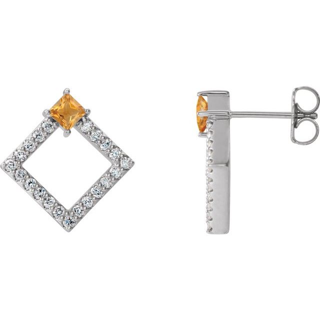 Square Natural Citrine & 1/3 CTW Natural Diamond Earrings