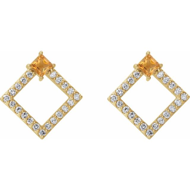 Square Natural Citrine & 1/3 CTW Natural Diamond Earrings