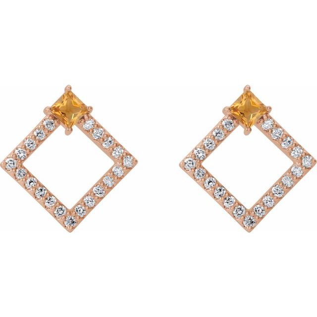 Square Natural Citrine & 1/3 CTW Natural Diamond Earrings