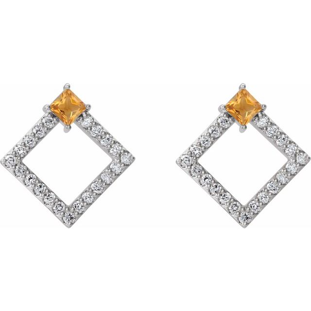 Square Natural Citrine & 1/3 CTW Natural Diamond Earrings