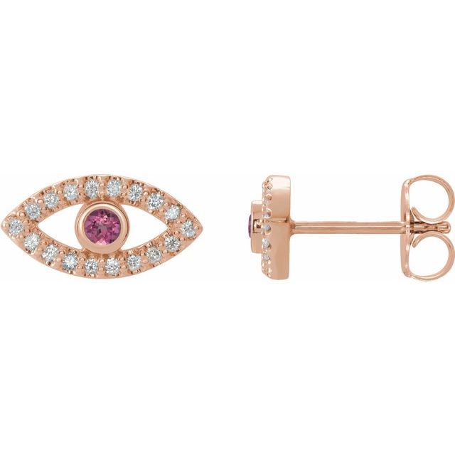 Round Natural Pink Tourmaline & Natural White Sapphire Evil Eye Earrings