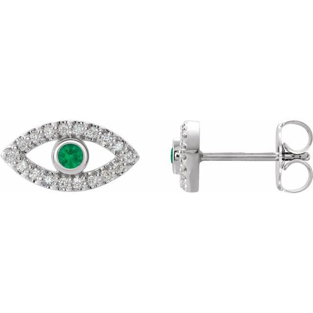 Round Natural Emerald & Natural White Sapphire Evil Eye Earrings