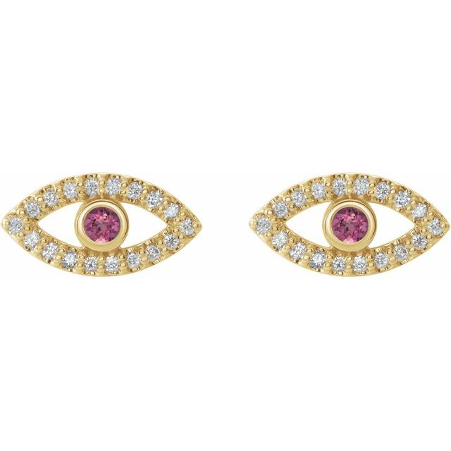 Round Natural Pink Tourmaline & Natural White Sapphire Evil Eye Earrings