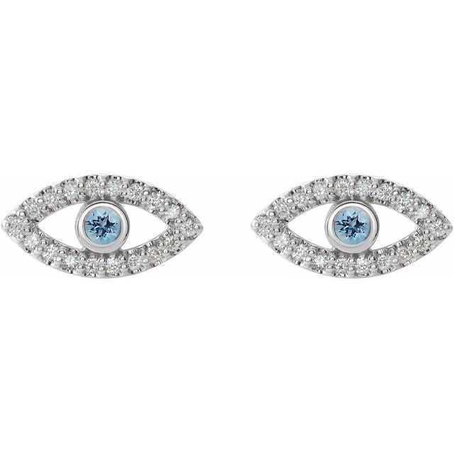 Round Natural Aquamarine & Natural White Sapphire Evil Eye Earrings