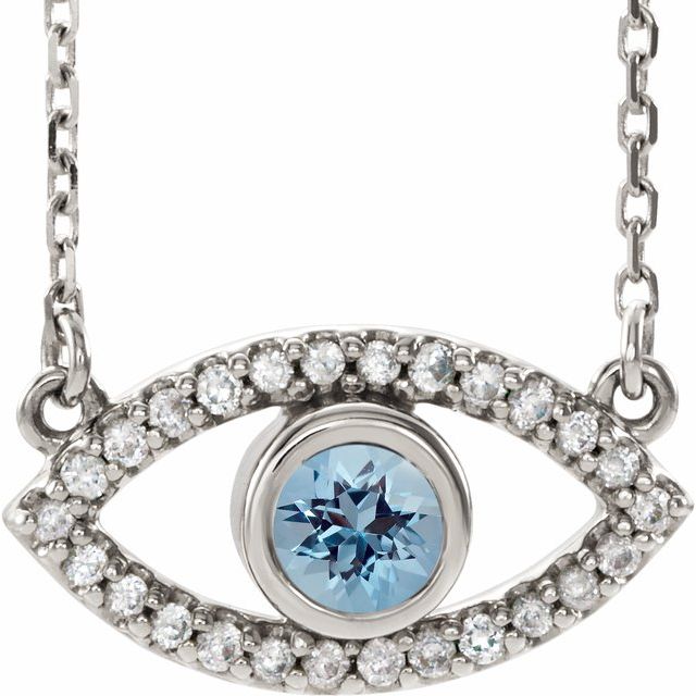 Round Natural Aquamarine & Natural White Sapphire Evil Eye Necklace