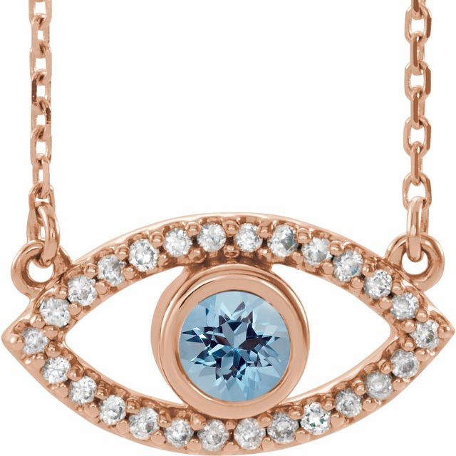 Round Natural Aquamarine & Natural White Sapphire Evil Eye Necklace