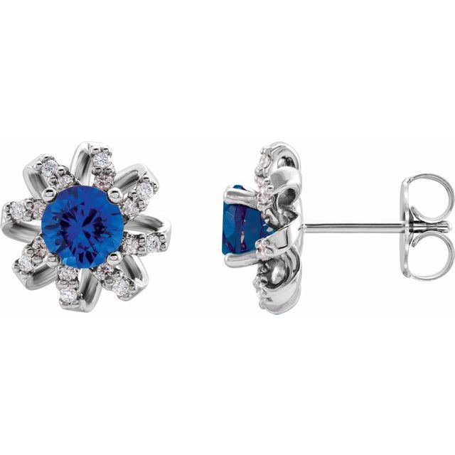 Round Lab-Grown Blue Sapphire & 1/6 CTW Natural Diamond Halo-Style Earrings
