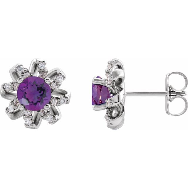 Round Natural Amethyst & 1/6 CTW Natural Diamond Halo-Style Earrings