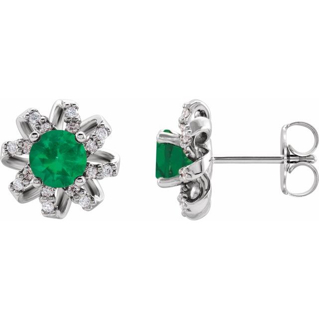Round Natural Emerald & 1/6 CTW Natural Diamond Halo-Style Earrings