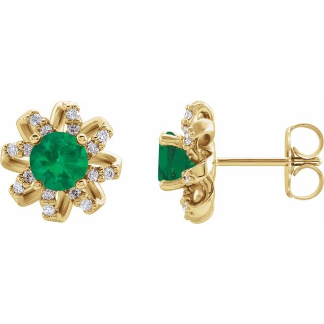 Round Lab-Grown Emerald & 1/6 CTW Natural Diamond Halo-Style Earrings