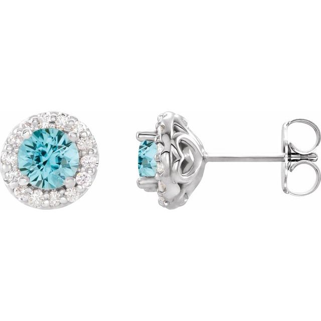 Round 5mm Natural Blue Zircon & 1/4 CTW Natural Diamond Earrings