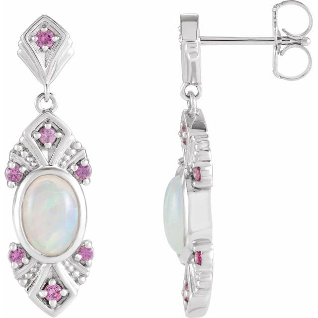 Oval Natural Ethiopian Opal & Natural Pink Sapphire Vintage-Inspired Earrings