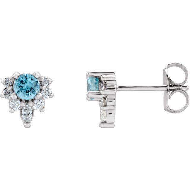 Round Natural Blue Zircon & 1/6 CTW Natural Diamond Earrings