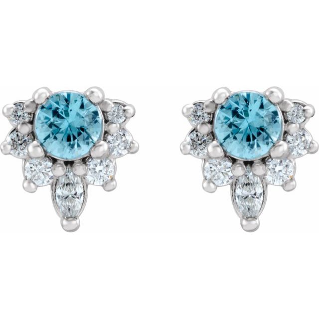 Round Natural Blue Zircon & 1/6 CTW Natural Diamond Earrings
