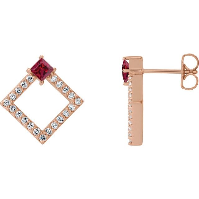 Square Natural Ruby & 1/3 CTW Natural Diamond Earrings