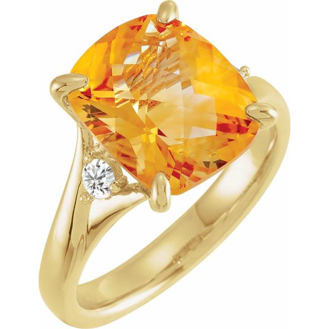 Natural Checkerboard Citrine & 1/6 CTW Natural Diamond Ring