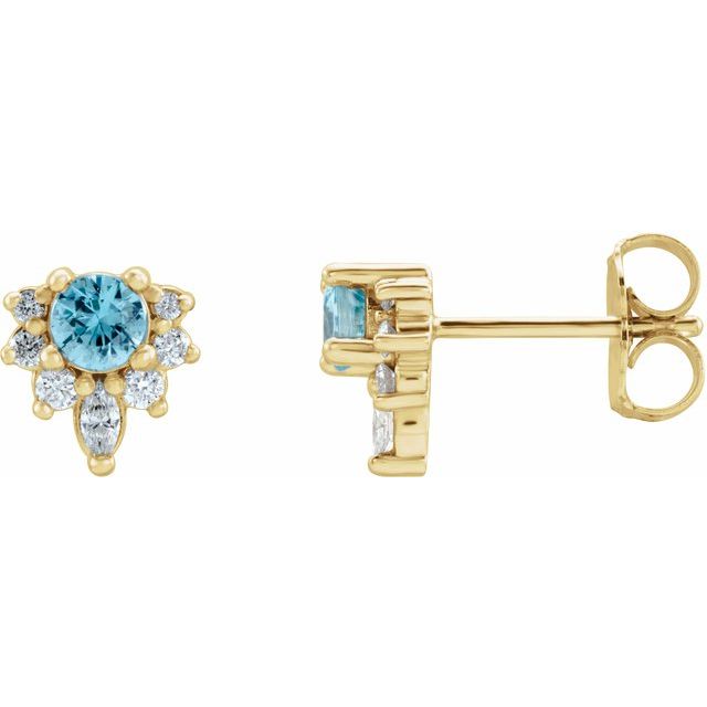 Round Natural Blue Zircon & 1/6 CTW Natural Diamond Earrings