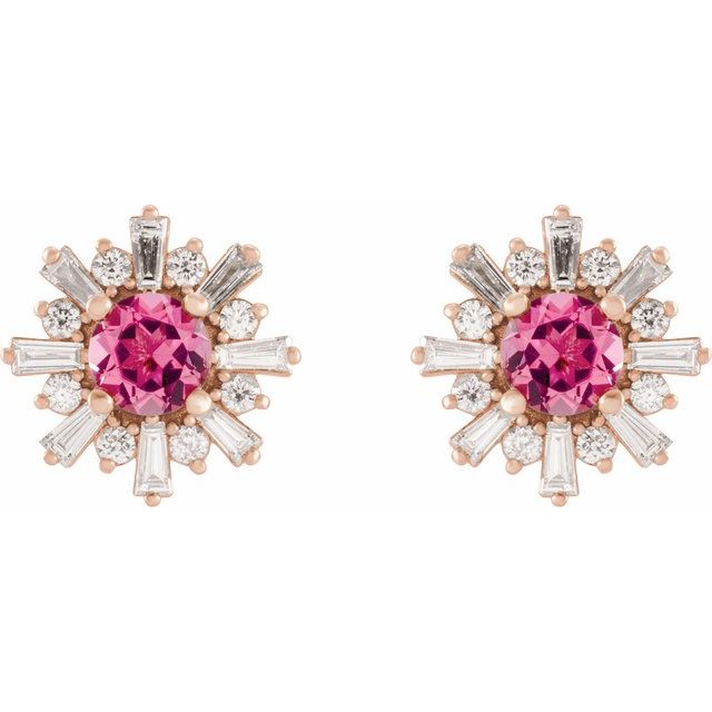 Round Natural Pink Tourmaline & 3/4 CTW Natural Diamond Earrings