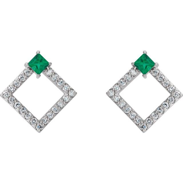Square Natural Emerald & 1/3 CTW Natural Diamond Earrings