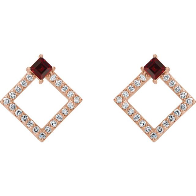 Square Natural Mozambique Garnet & 1/3 CTW Natural Diamond Earrings
