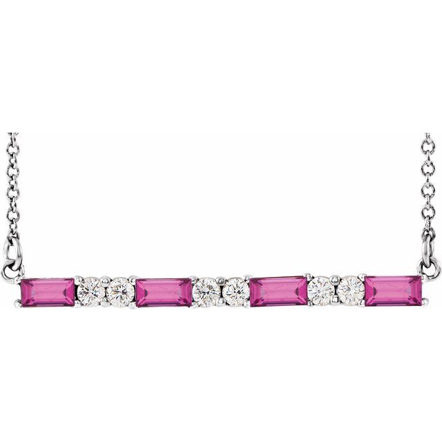 Straight baguette Natural Pink Tourmaline & 1/6 CTW Natural Diamond Bar Necklace