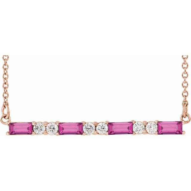 Straight baguette Natural Pink Tourmaline & 1/6 CTW Natural Diamond Bar Necklace